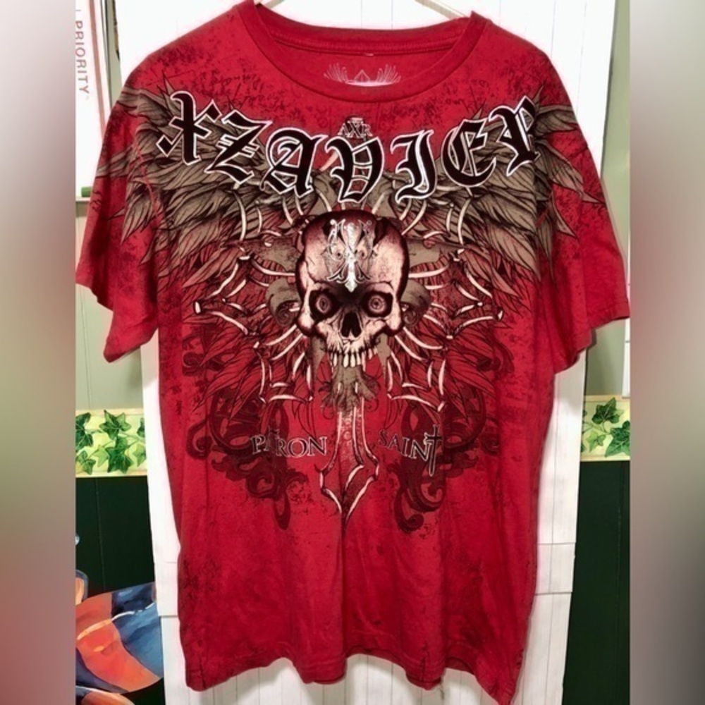🎯Xzavier Red Patron Saint Skull Cotton T-shirt
